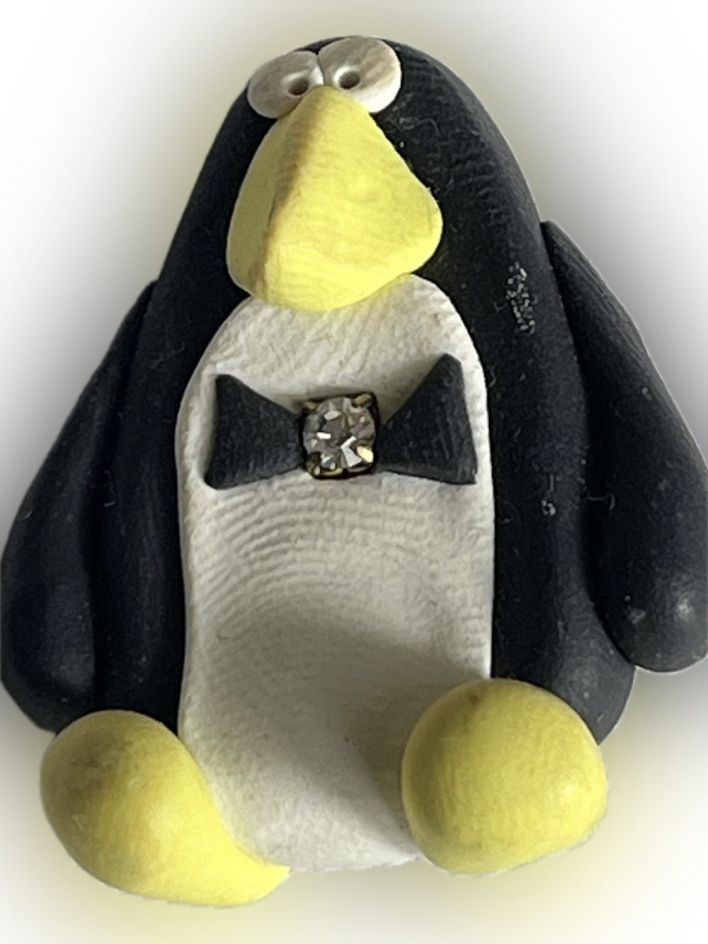 Handmade Polymer Clay Penguin Brooch Pin Rhinestone Bow Tie Tuxedo Novelty Art